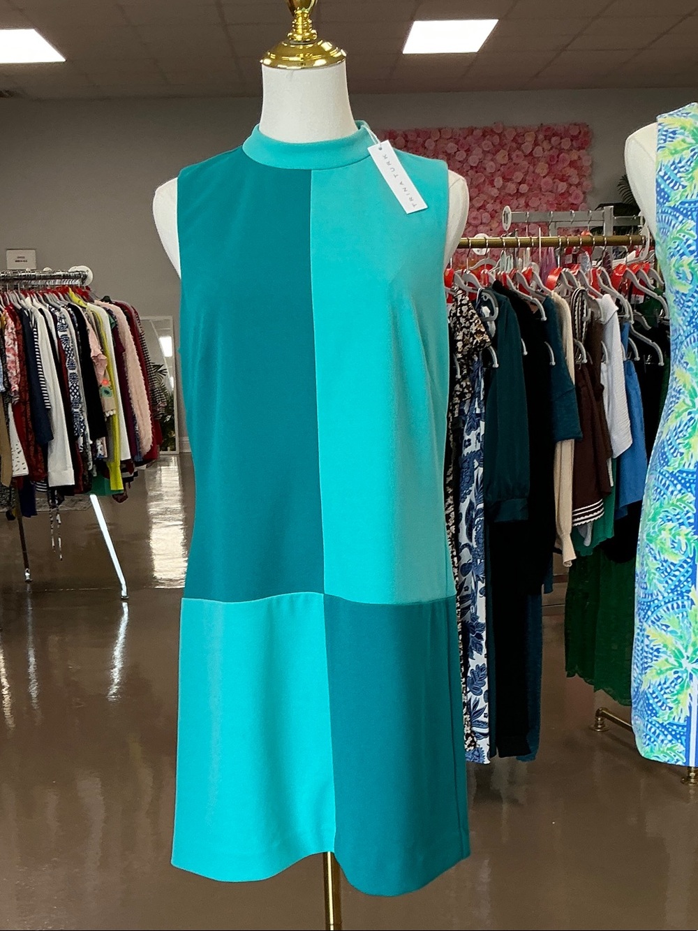 Trina Turk Teal and Turquoise Colorblock Sleeveless Shift Dress